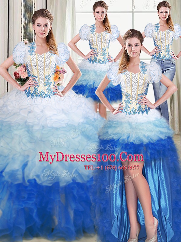 Four Piece Floor Length Multi-color Sweet 16 Dresses Organza Sleeveless Appliques and Ruffles