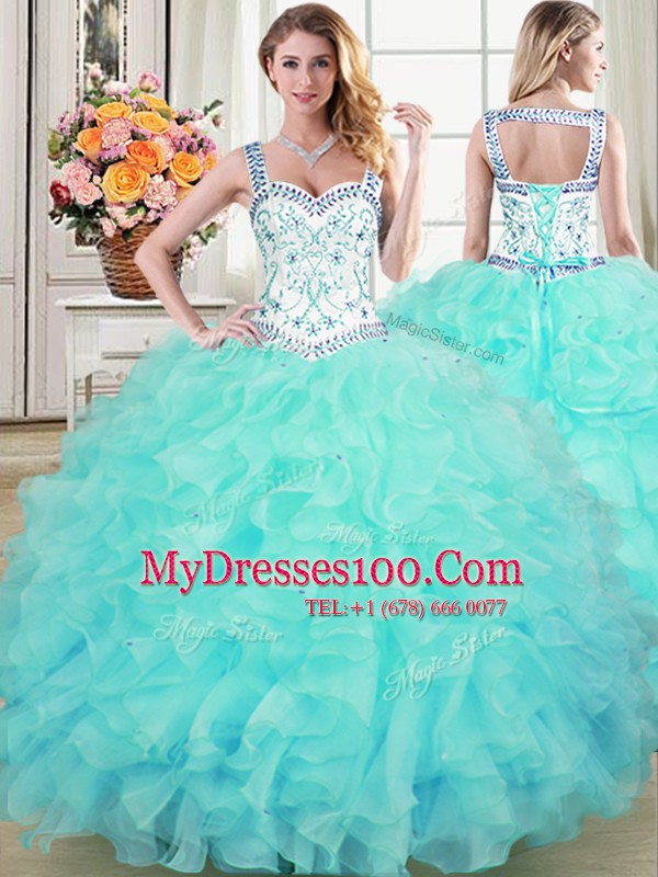 Straps Sleeveless Organza 15th Birthday Dress Beading and Lace and Ruffles Lace Up