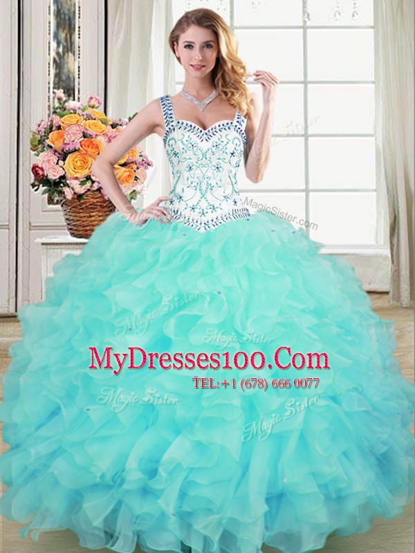 Straps Sleeveless Organza 15th Birthday Dress Beading and Lace and Ruffles Lace Up