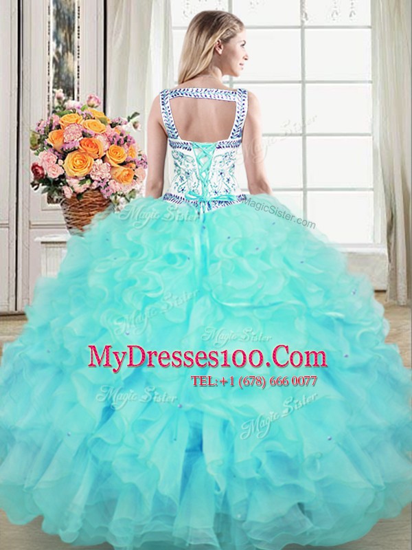 Straps Sleeveless Organza 15th Birthday Dress Beading and Lace and Ruffles Lace Up