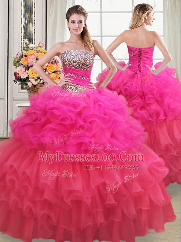 High End Multi-color Ball Gowns Strapless Sleeveless Organza Floor Length Lace Up Beading and Ruffles and Ruffled Layers and Sequins Quinceanera Gown