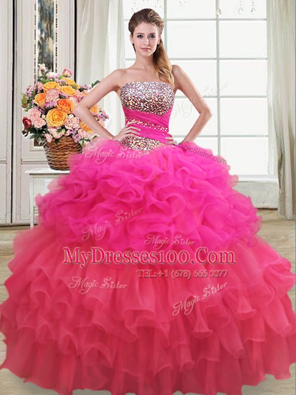 High End Multi-color Ball Gowns Strapless Sleeveless Organza Floor Length Lace Up Beading and Ruffles and Ruffled Layers and Sequins Quinceanera Gown