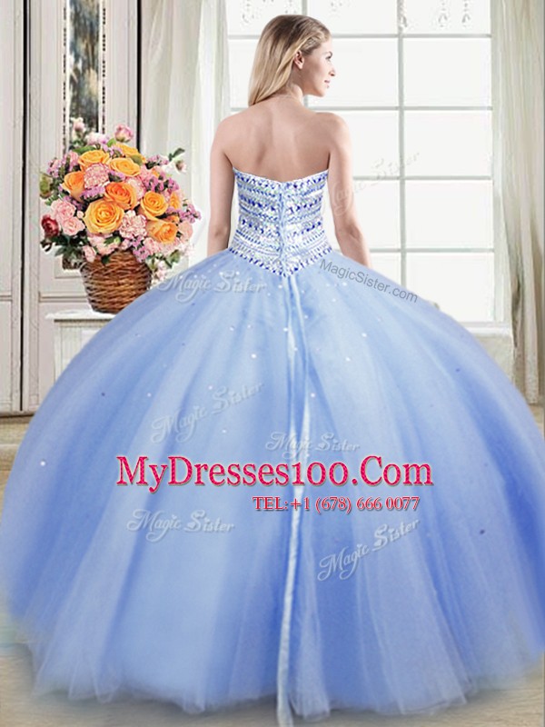 Light Blue Lace Up 15 Quinceanera Dress Beading Sleeveless Floor Length