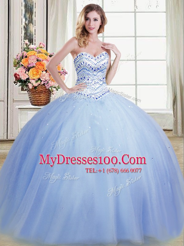 Light Blue Lace Up 15 Quinceanera Dress Beading Sleeveless Floor Length