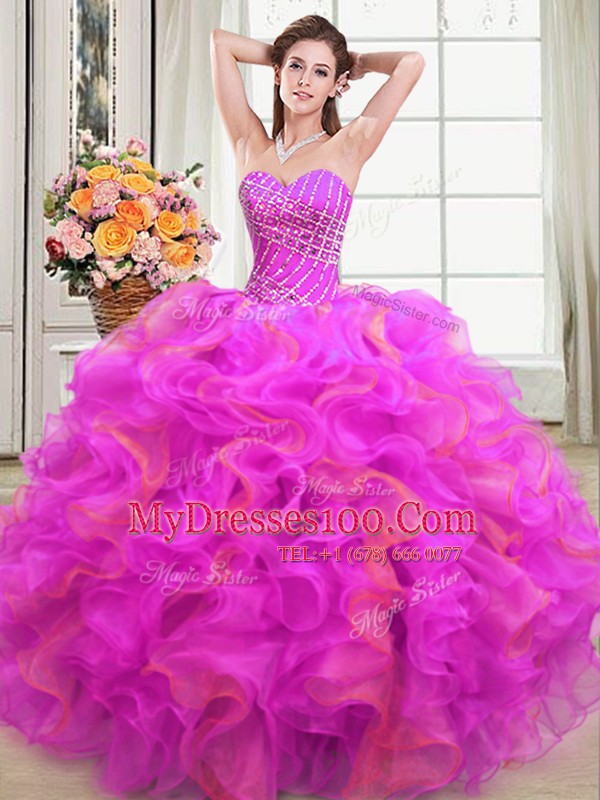 New Style Multi-color Organza Lace Up Quinceanera Gown Sleeveless Floor Length Beading and Ruffles