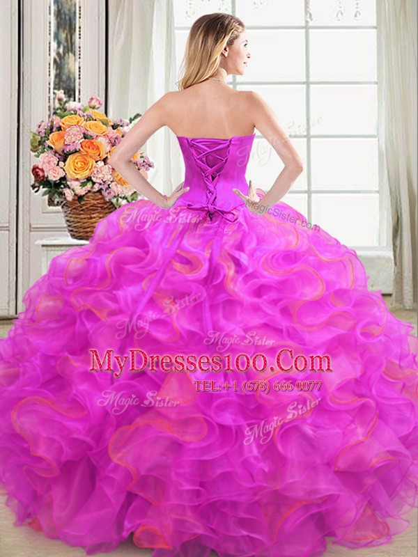 New Style Multi-color Organza Lace Up Quinceanera Gown Sleeveless Floor Length Beading and Ruffles
