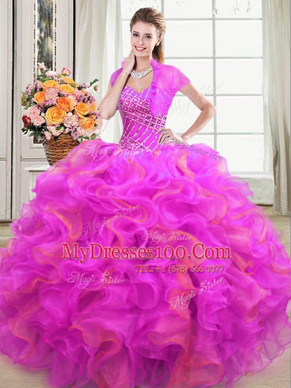 New Style Multi-color Organza Lace Up Quinceanera Gown Sleeveless Floor Length Beading and Ruffles