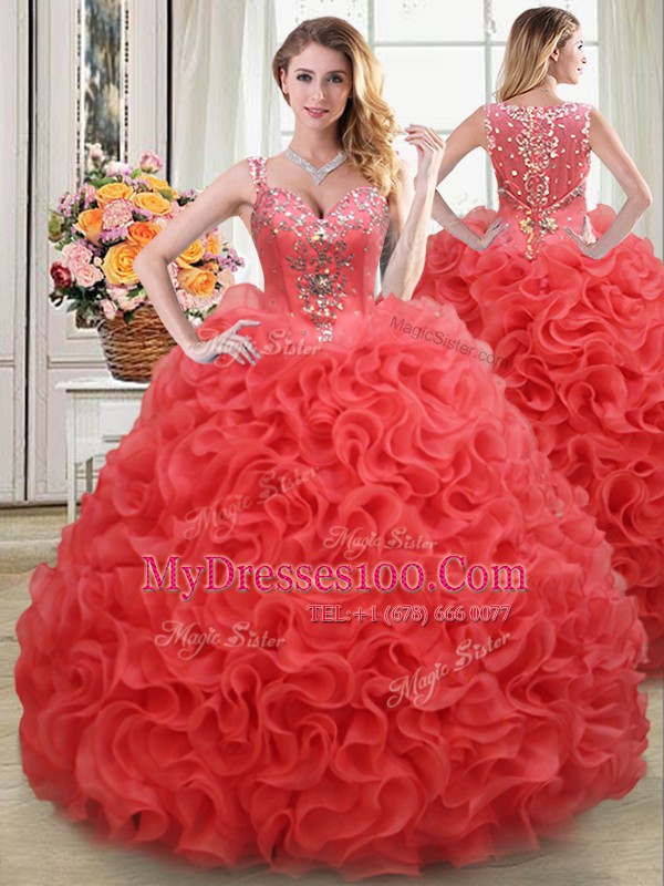 Suitable Four Piece Straps Coral Red Sleeveless Floor Length Beading and Ruffles Zipper Quinceanera Dresses