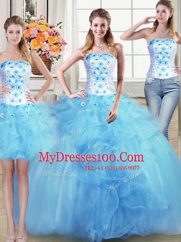 Three Piece Light Blue Sleeveless Floor Length Beading and Appliques and Ruffles Lace Up Quinceanera Dress