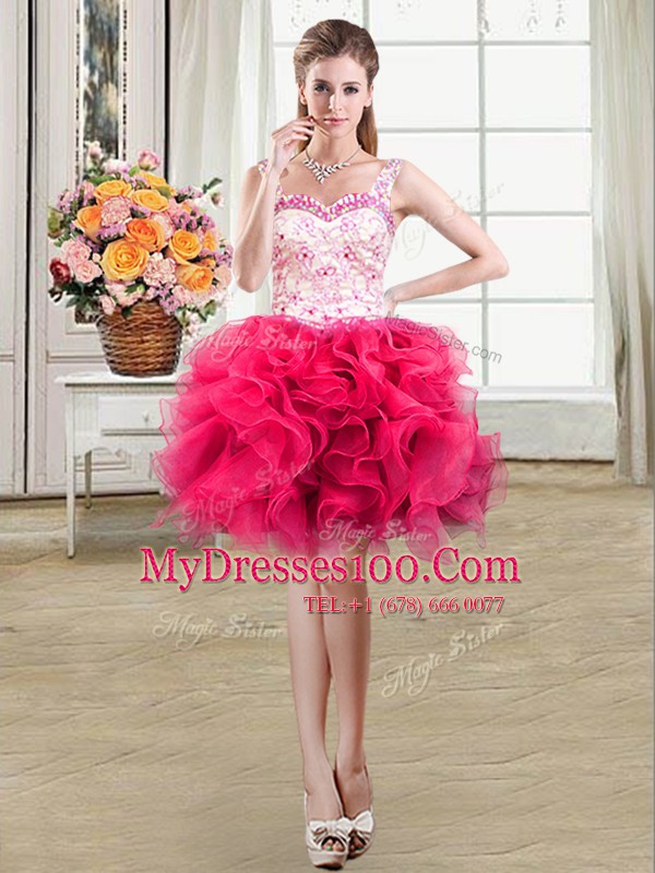 Cheap Four Piece Straps Floor Length Lace Up Quinceanera Gown Hot Pink for Military Ball and Sweet 16 and Quinceanera with Beading and Ruffles