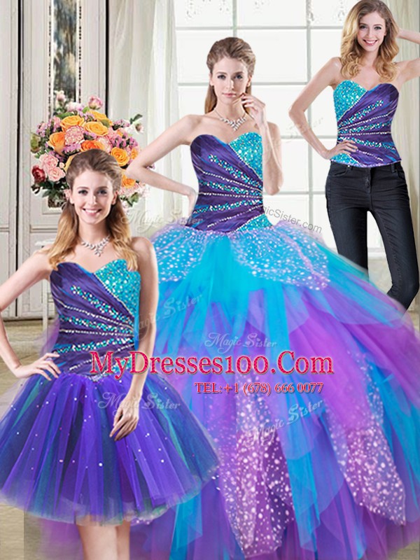 Three Piece Sleeveless Lace Up Floor Length Beading and Ruffles Quinceanera Dresses