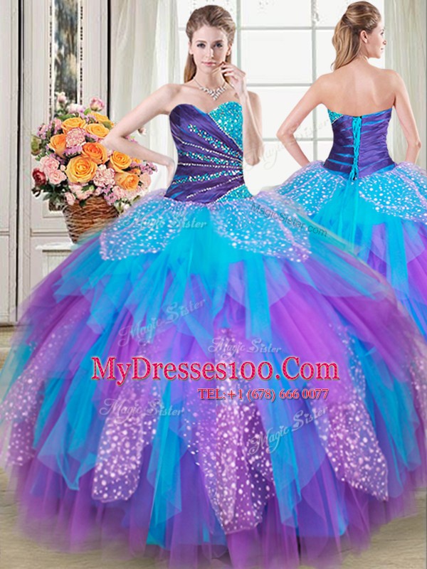 Three Piece Sleeveless Lace Up Floor Length Beading and Ruffles Quinceanera Dresses