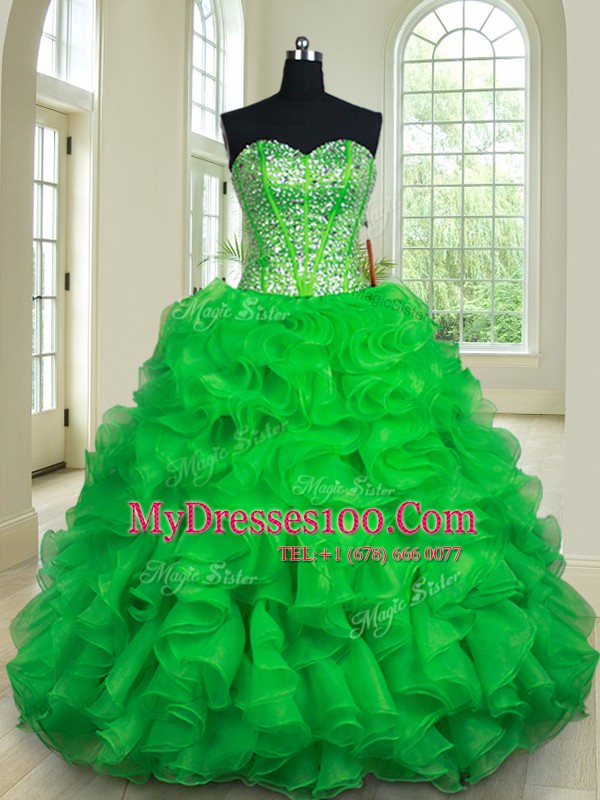 Lovely Four Piece Sweetheart Sleeveless 15th Birthday Dress Floor Length Beading and Ruffles Green Organza