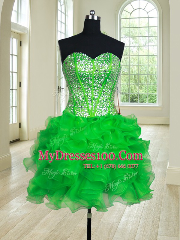 Lovely Four Piece Sweetheart Sleeveless 15th Birthday Dress Floor Length Beading and Ruffles Green Organza
