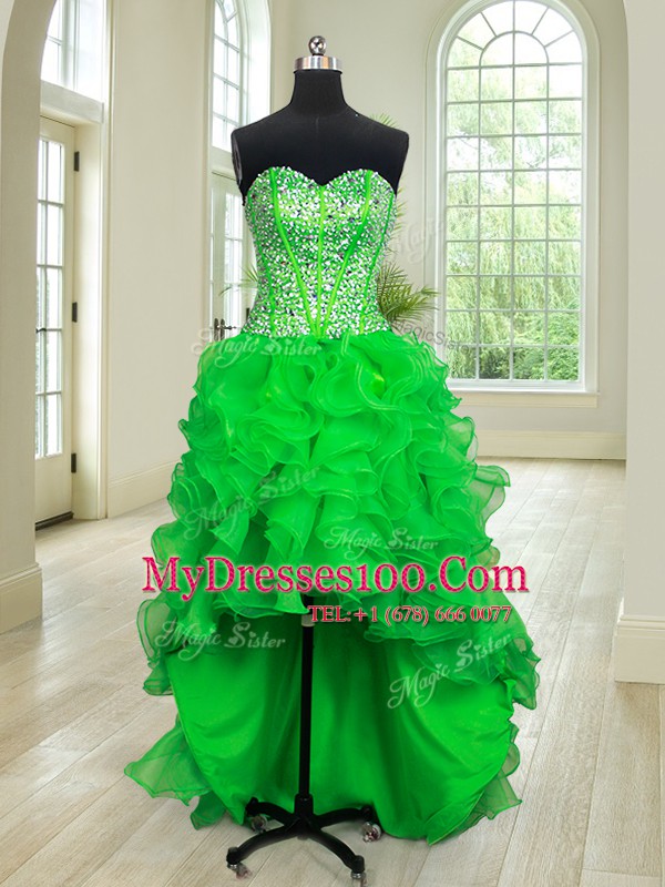 Lovely Four Piece Sweetheart Sleeveless 15th Birthday Dress Floor Length Beading and Ruffles Green Organza