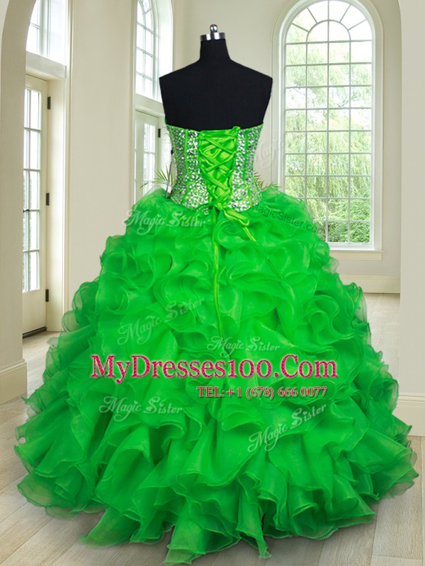 Lovely Four Piece Sweetheart Sleeveless 15th Birthday Dress Floor Length Beading and Ruffles Green Organza