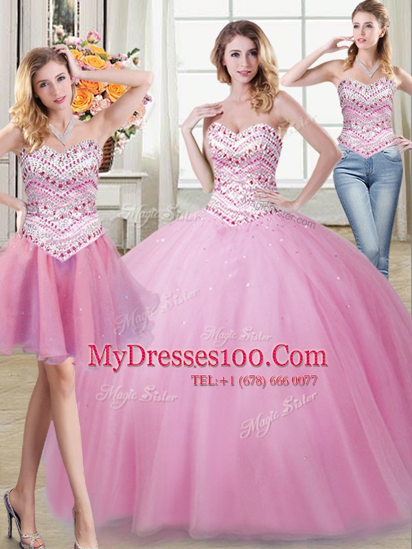 Fabulous Three Piece Rose Pink Lace Up Sweetheart Beading Quinceanera Dresses Tulle Sleeveless