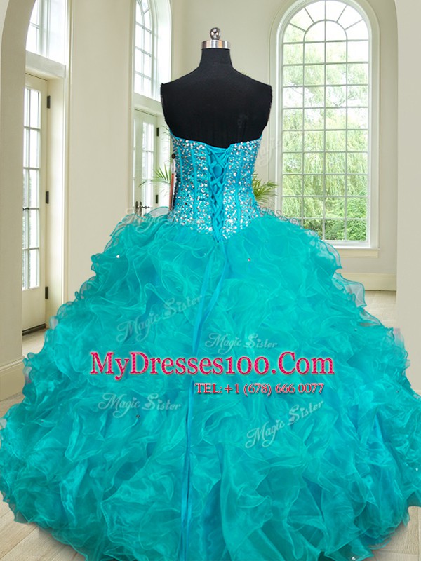 Fabulous Four Piece Floor Length Teal Quinceanera Dresses Organza Sleeveless Beading and Ruffles