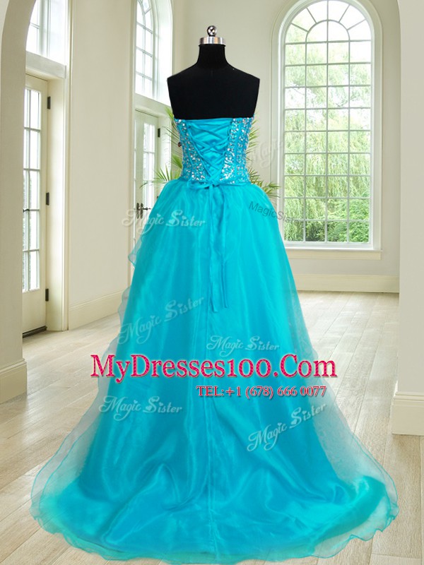 Fabulous Four Piece Floor Length Teal Quinceanera Dresses Organza Sleeveless Beading and Ruffles