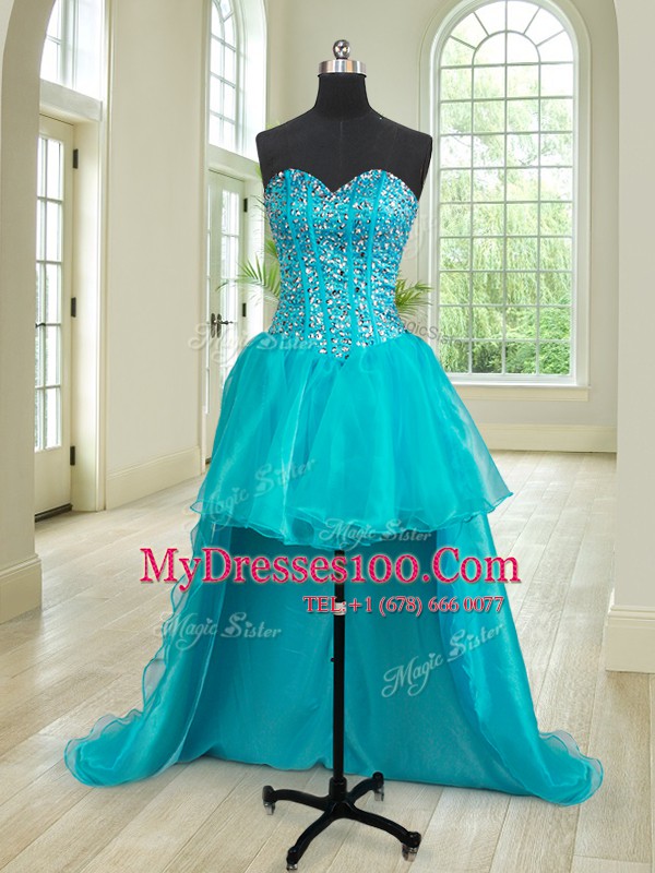 Fabulous Four Piece Floor Length Teal Quinceanera Dresses Organza Sleeveless Beading and Ruffles