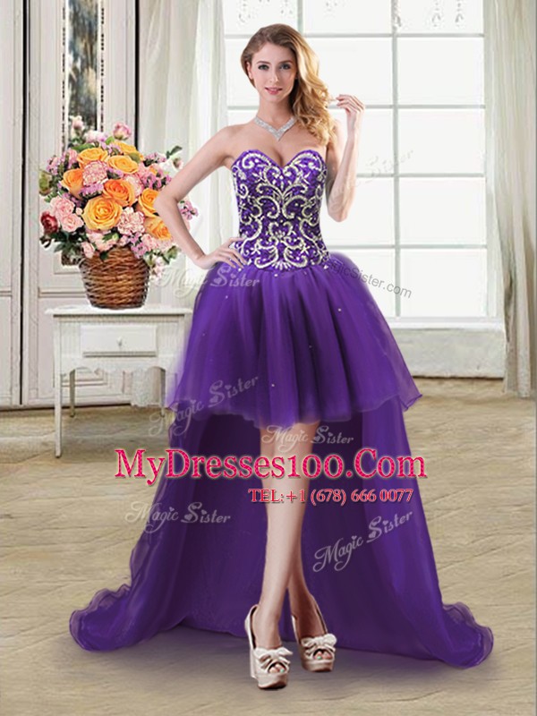 Fine Four Piece Purple Ball Gowns Beading Quinceanera Gowns Lace Up Tulle Sleeveless Floor Length