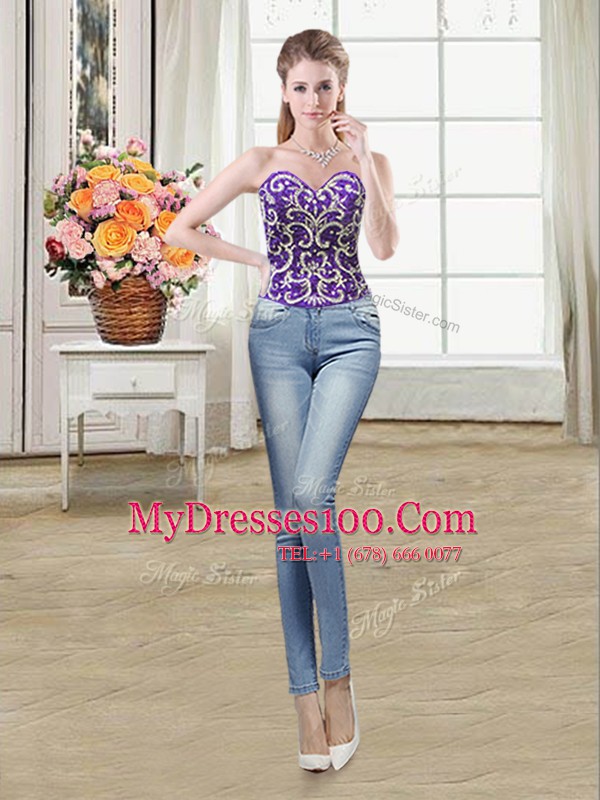 Fine Four Piece Purple Ball Gowns Beading Quinceanera Gowns Lace Up Tulle Sleeveless Floor Length