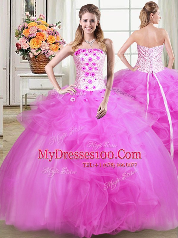 Enchanting Three Piece Fuchsia Mermaid Beading and Appliques and Ruffles Sweet 16 Dress Lace Up Tulle Sleeveless Floor Length