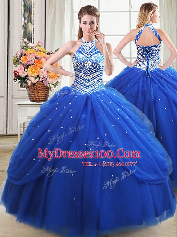 Four Piece Royal Blue Lace Up Halter Top Beading and Pick Ups Quinceanera Dress Tulle Sleeveless