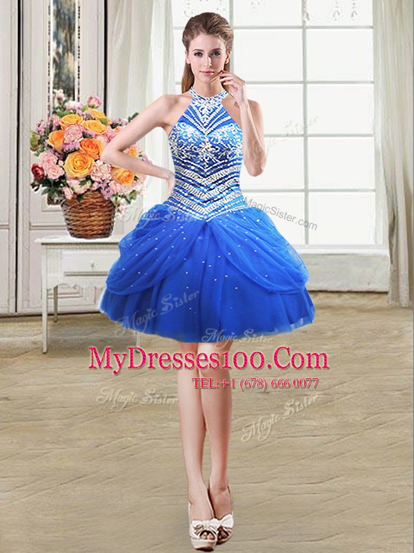Four Piece Royal Blue Lace Up Halter Top Beading and Pick Ups Quinceanera Dress Tulle Sleeveless