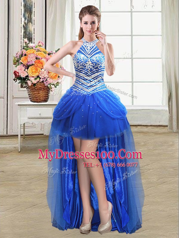 Four Piece Royal Blue Lace Up Halter Top Beading and Pick Ups Quinceanera Dress Tulle Sleeveless