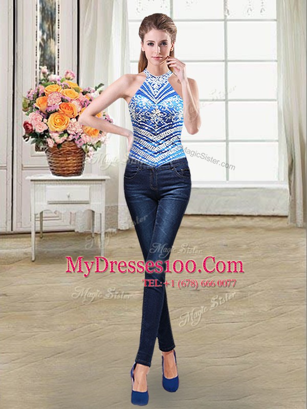 Four Piece Royal Blue Lace Up Halter Top Beading and Pick Ups Quinceanera Dress Tulle Sleeveless
