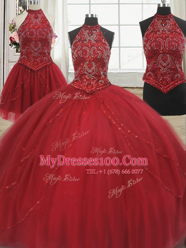 Flare Three Piece Halter Top Red Sleeveless Tulle Court Train Lace Up Sweet 16 Quinceanera Dress for Military Ball and Sweet 16 and Quinceanera