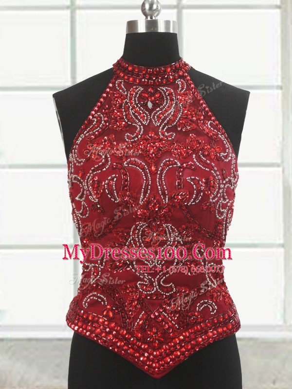 Flare Three Piece Halter Top Red Sleeveless Tulle Court Train Lace Up Sweet 16 Quinceanera Dress for Military Ball and Sweet 16 and Quinceanera