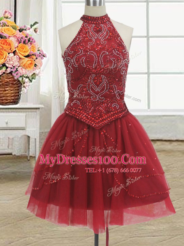 Flare Three Piece Halter Top Red Sleeveless Tulle Court Train Lace Up Sweet 16 Quinceanera Dress for Military Ball and Sweet 16 and Quinceanera