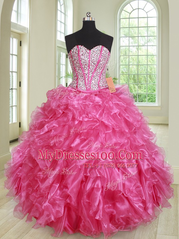 Exceptional Four Piece Hot Pink Ball Gowns Beading and Ruffles 15th Birthday Dress Lace Up Organza Sleeveless Floor Length