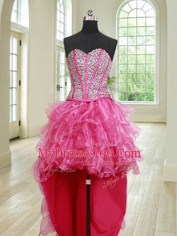 Exceptional Four Piece Hot Pink Ball Gowns Beading and Ruffles 15th Birthday Dress Lace Up Organza Sleeveless Floor Length