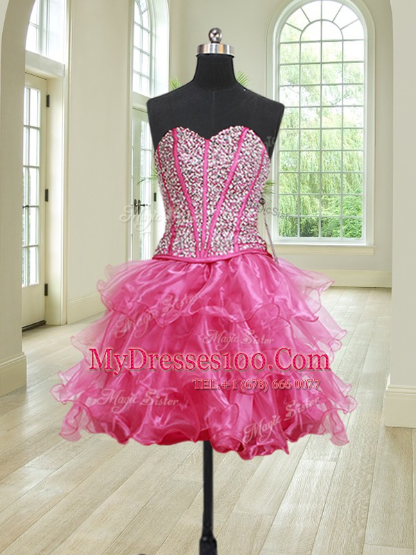 Exceptional Four Piece Hot Pink Ball Gowns Beading and Ruffles 15th Birthday Dress Lace Up Organza Sleeveless Floor Length