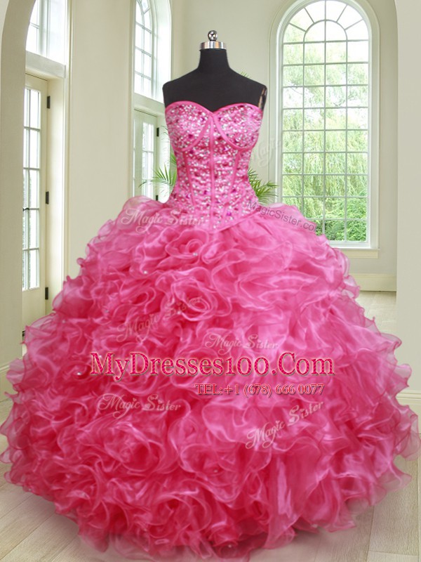 Three Piece Hot Pink Lace Up Ball Gown Prom Dress Beading and Ruffles Sleeveless Floor Length