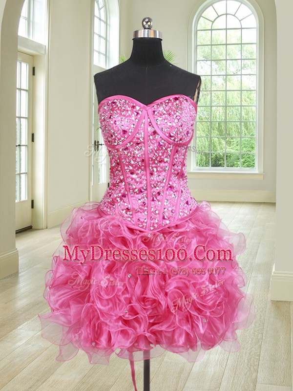 Three Piece Hot Pink Lace Up Ball Gown Prom Dress Beading and Ruffles Sleeveless Floor Length