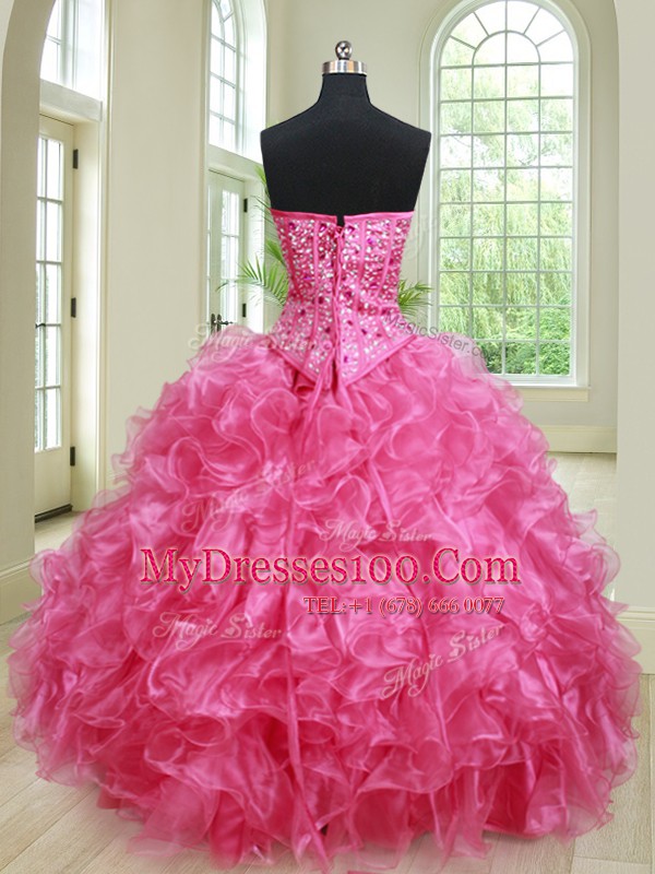 Three Piece Hot Pink Lace Up Ball Gown Prom Dress Beading and Ruffles Sleeveless Floor Length