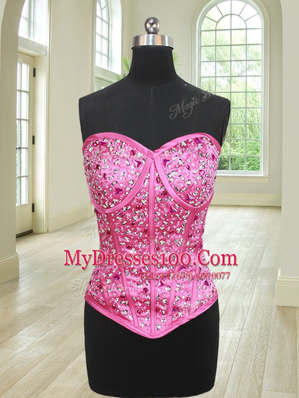 Three Piece Hot Pink Lace Up Ball Gown Prom Dress Beading and Ruffles Sleeveless Floor Length