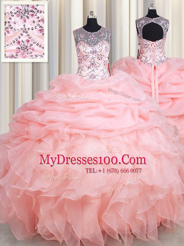 Comfortable Pick Ups Ball Gowns Quinceanera Gowns Baby Pink Scoop Organza Sleeveless Floor Length Lace Up