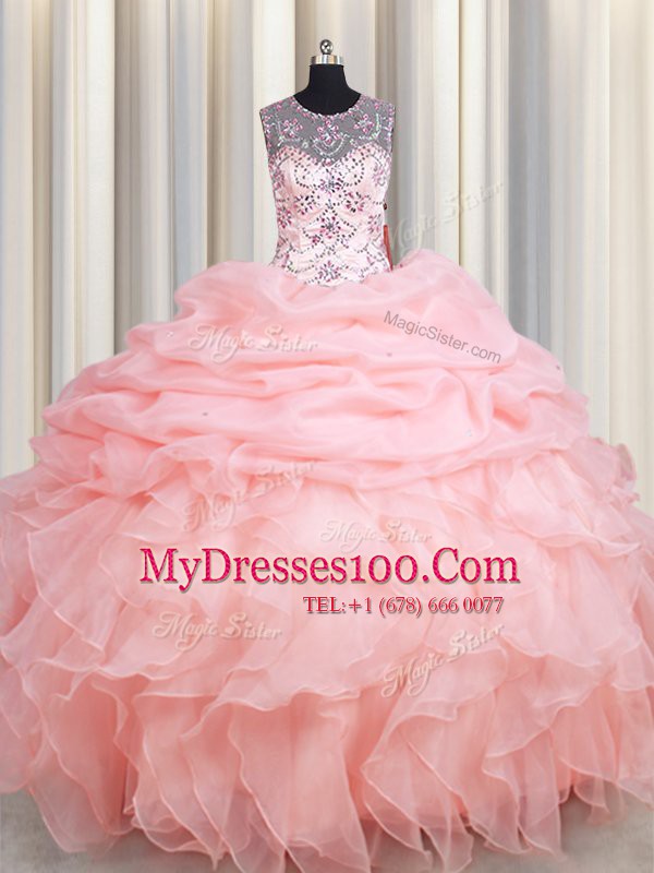 Comfortable Pick Ups Ball Gowns Quinceanera Gowns Baby Pink Scoop Organza Sleeveless Floor Length Lace Up