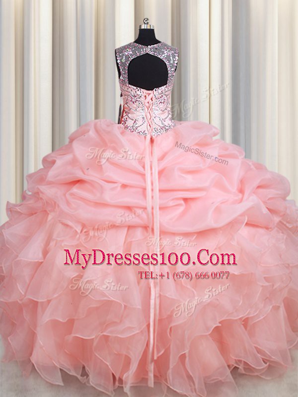Comfortable Pick Ups Ball Gowns Quinceanera Gowns Baby Pink Scoop Organza Sleeveless Floor Length Lace Up