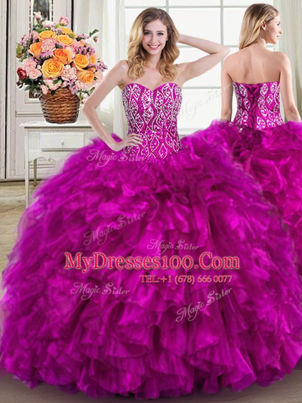 Charming Fuchsia Sweetheart Neckline Beading and Ruffles Vestidos de Quinceanera Sleeveless Lace Up