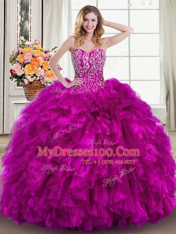 Charming Fuchsia Sweetheart Neckline Beading and Ruffles Vestidos de Quinceanera Sleeveless Lace Up