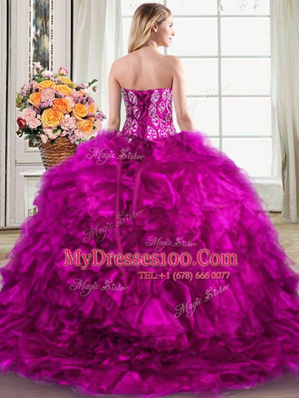 Charming Fuchsia Sweetheart Neckline Beading and Ruffles Vestidos de Quinceanera Sleeveless Lace Up