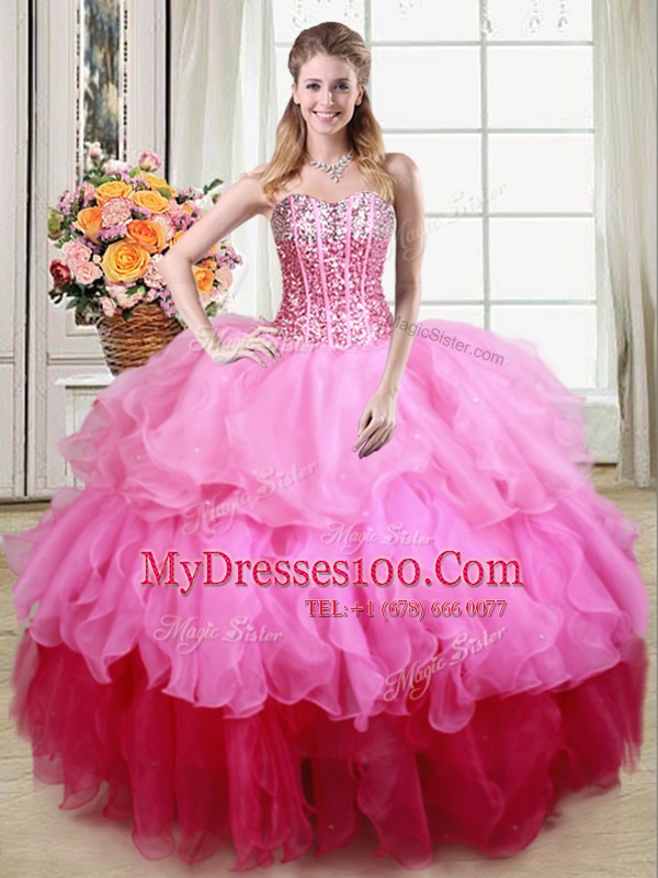 Suitable Multi-color Ball Gowns Organza Sweetheart Sleeveless Ruffles and Sequins Floor Length Lace Up Quince Ball Gowns