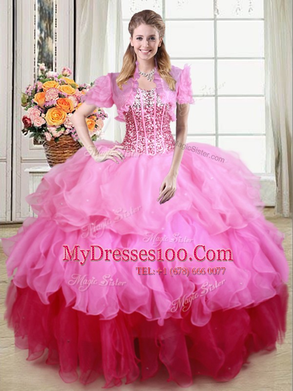 Suitable Multi-color Ball Gowns Organza Sweetheart Sleeveless Ruffles and Sequins Floor Length Lace Up Quince Ball Gowns