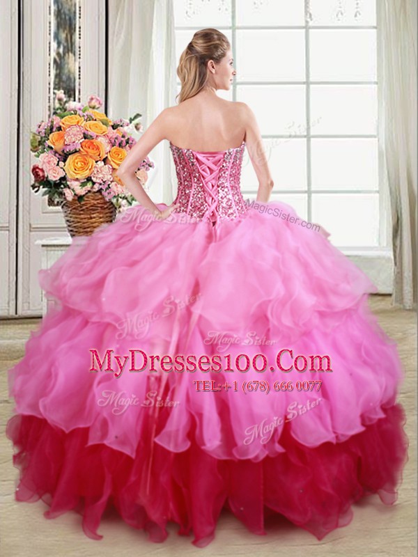 Suitable Multi-color Ball Gowns Organza Sweetheart Sleeveless Ruffles and Sequins Floor Length Lace Up Quince Ball Gowns